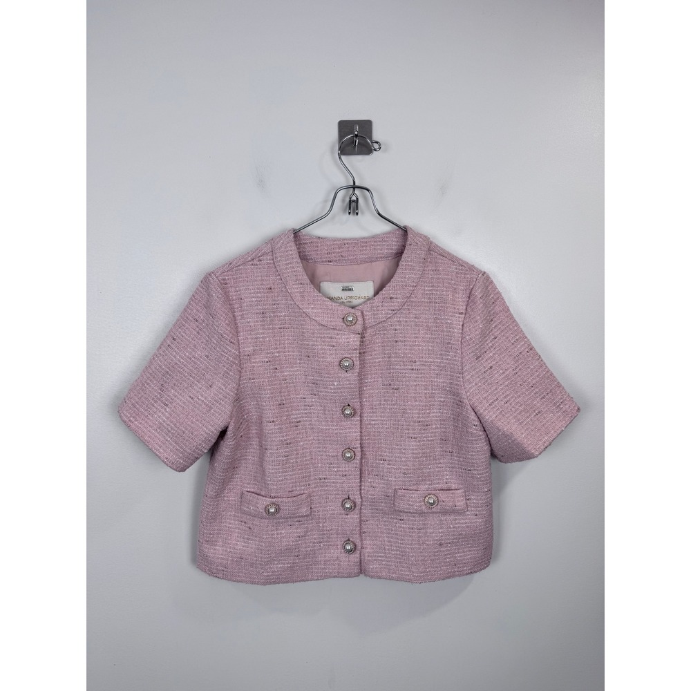 Amanda Uprichard Pink Tweed Short Sleeve Jacket Pearl Button Boucle XS
